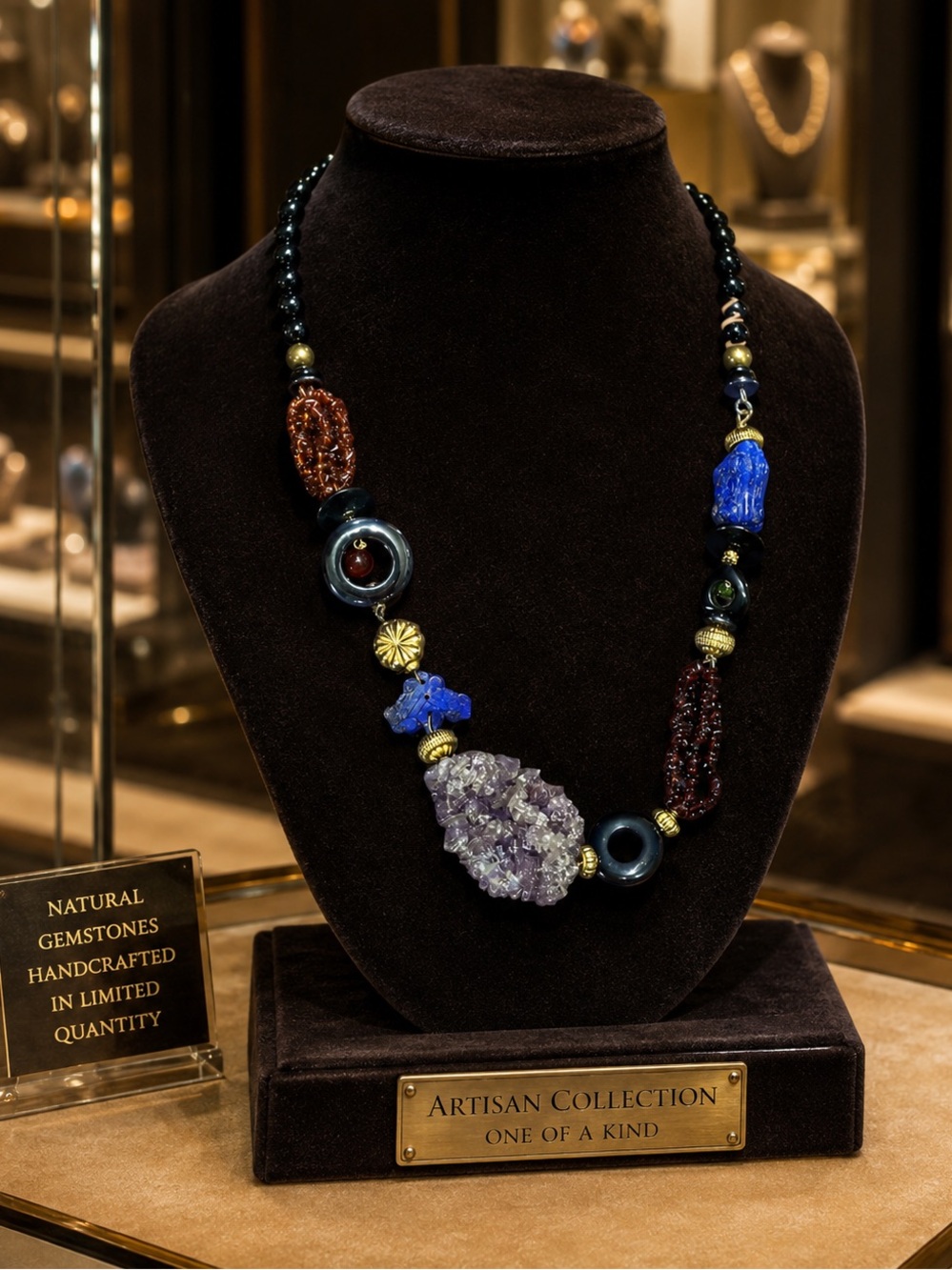 Vintage Multi Gemstones Amber Onyx Lapis Amethyst Garnet Necklace